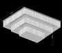 Đèn chùm pha lê thả thông minh PL024 gồm 3 tầng dùng thanh lục giác và hạt pha lê D40mm, mâm inox gương trắng hình chữ nhật, KT (mm): 3800 x 2900 x 1500, 4 nguồn 200w