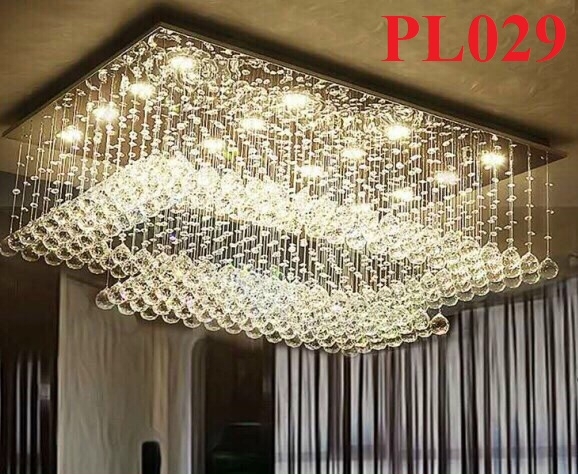 Đèn chùm pha lê thả thông minh PL029 có 2 tầng gồm 238 dây treo pha lê, 12 mắt COB dimmer có điều khiển xa, mâm hình chữ nhật inox gương trắng, KT(mm): L1000 x W800 x H600