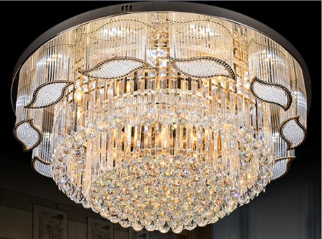 Đèn pha lê màu vàng hình tròn, E14 x 3 + tích hợp led, chưa có 37 quả pha lê D40, KT(mm): D600