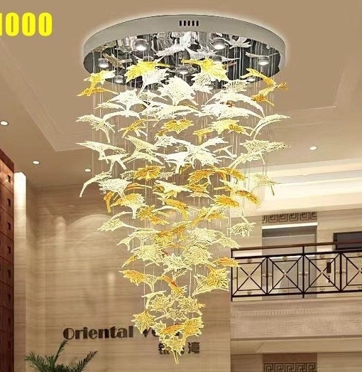 Đèn chùm pha lê thả thông minh PL030 gồm 59 lá phong chia 3 màu, mâm tròn inox gương trắng, 10 mắt COB dimmer có điều khiển xa, KT(mm): D700 x H1200
