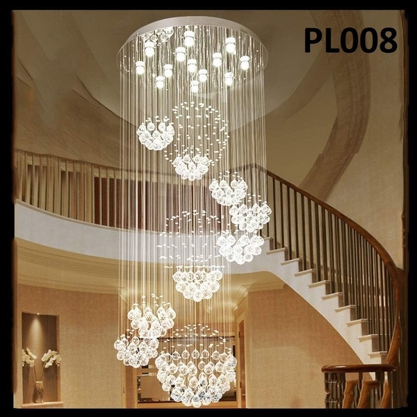 Đèn chùm pha lê thả thông minh PL008, Inox gương trắng, pha lê cầu xoắn ốc, mắt COB dimmer có điều khiển xa, KT(mm): D1200 x H4200