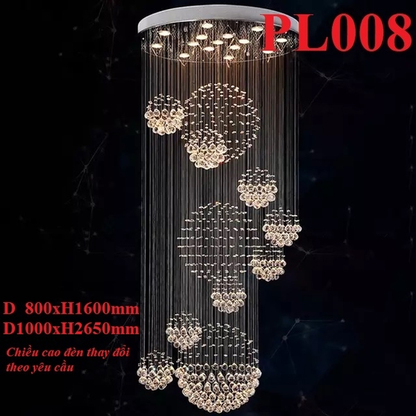 Đèn chùm pha lê thả thông minh PL008, Inox gương trắng, pha lê cầu xoắn ốc, KT(mm): D1000 x 2000, 348 hạt