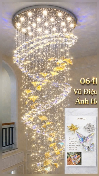 Đèn chùm pha lê cao cấp 064PL2 Vũ Điệu Hồ Điệp Ánh Hổ Phách gồm 300 bướm pha lê mix 3 kích thước, 45 lá phong hổ phách, 28 đèn COB D40 dimmer 3 màu có dk xa L40, mâm tròn inox gương trắng, KT(mm): D1500 X H4000