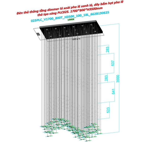Bộ đèn chùm lá xoài xoắn PL025.1, gồm 100 lá xoài pha lê xanh lá  pha trắng 200 x 55, dây bâm hạt pha lê, 18 mắt led COB 3 màu dimmer, điều khiển xa cao cấp, mâm inox gương trắng hình chữ nhật, KT(mm): 1700 x 800 x 4000