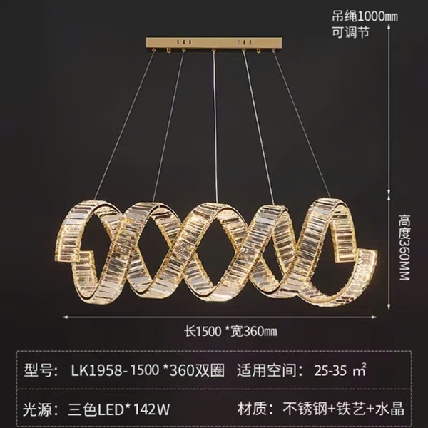 Đèn pha lê 541TH2.2L thanh tam giác xoắn ôc kép, thân inox, dây điều chỉnh, ánh sáng 3 màu KT(mm): 1500x 360 x360
