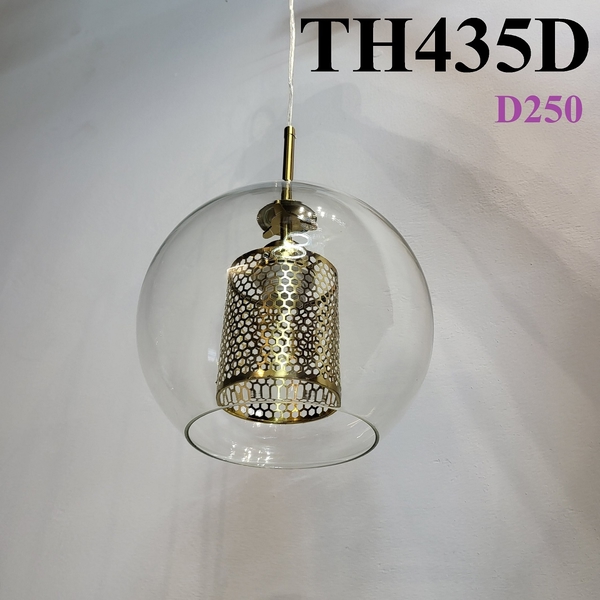 Đèn thả thủy tinh đơn TH435 dáng D, thân mạ đồng chao thủy tinh trắng trong, KT(mm): D250