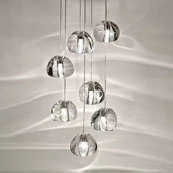 Đèn chùm thả thông minh TH177.4 gồm mâm tròn inox gương trắng 8K, 50 quả thả màu trắng trong, KT(mm): D1000 x H3000