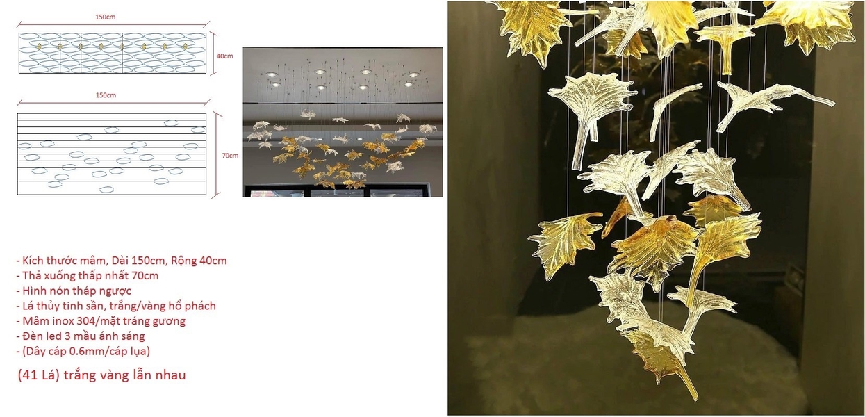 Đèn chùm pha lê thả thông minh PL030 lá phong, Inox gương trắng, 41 lá phong trắng và hổ phách, KT(mm): 1500x400x700