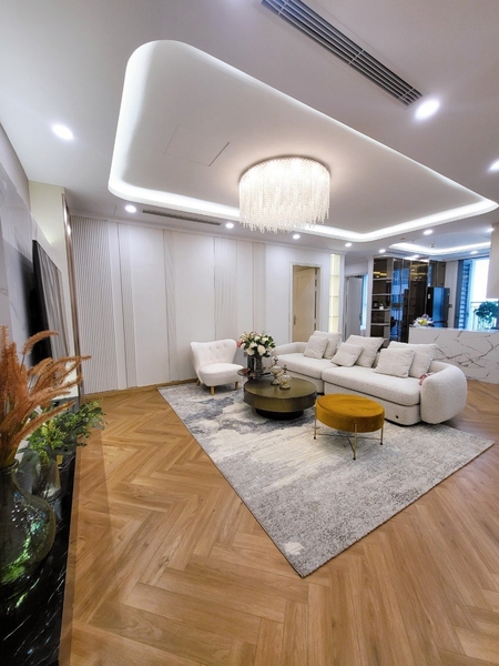 Đèn chùm pha lê thả thông minh PL061 gồm 159 dây móc vòng pha lê D14mm màu trắng, hạt pha lê D30mm, mâm tròn inox gương vàng, 9 mắt COB dimmer có điều khiển xa, KT(mm): D600 x H1000