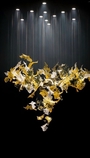 Đèn chùm pha lê thả thông minh PL030 gồm 25 lá phong màu hổ phách và 45 lá phong hổ phách pha trắng, inox gương vàng tròn, 12 mắt COB, KT(mm): D800xH3000