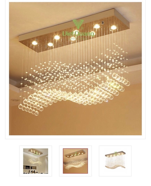Đèn chùm pha lê thả thông minh PL007 lượn sóng, mâm inox gương trắng hình chữ nhật, 112 dây treo, 05 mắt COB, KT(mm): 800 x 300 x 700