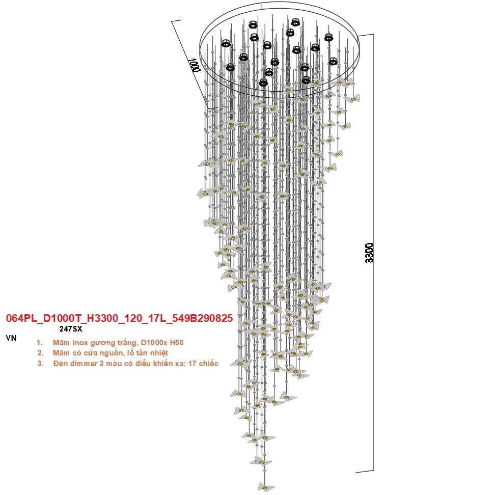 Đèn chùm pha lê thả thông minh PL064 gồm mâm tròn inox gương trắng 8K, 120 bướm pha lê, 17 đèn dimmer, KT(mm): D1000 x H3300