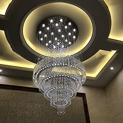 Đèn chùm pha lê thả thông minh PL070, gồm 538 dây treo pha lê, 17 mắt COB dimmer có điều khiển xa, mâm tròn inox gương trắng, KT(mm): D1000 x H3500