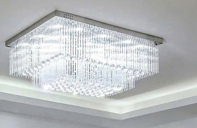 Đèn chùm pha lê thả thông minh 024PL2 gồm 2 tầng thanh lục giác, mâm chữ nhật inox gương trắng, KTmm): L2000 x W2000 x H550