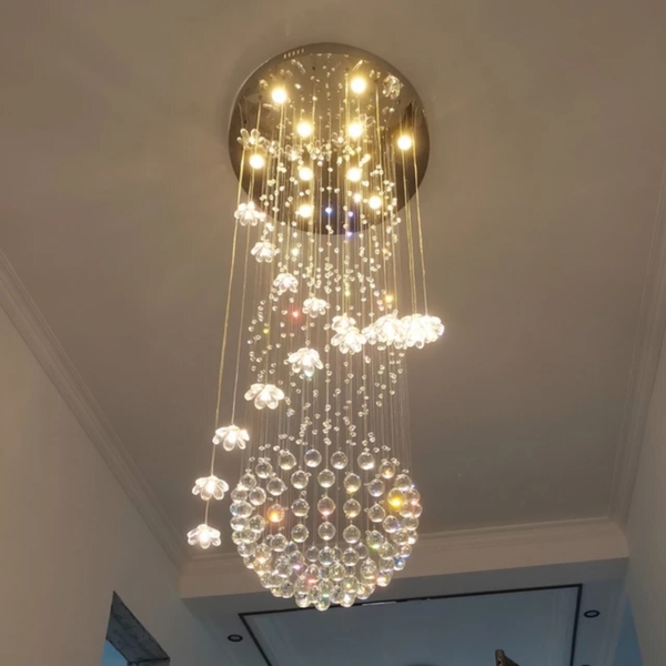 Đèn chùm pha lê thả thông minh PL021D, đèn dimmer 3 màu có điều khiển xa, mâm tròn inox gương trắng, KT(mm): D800 x H2500