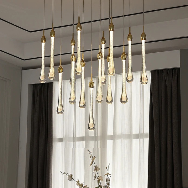 Bộ đèn chùm giọt lệ vảy vàng TH177.3,  không mâm, gồm 50 quả giọt lệ D40 x H250mm, dây dài 1m, tích hợp led 3w ánh sáng vàng, đui mạ đồng, KT(mm): 700 x 700 x 400