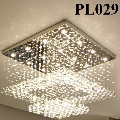 Đèn chùm pha lê thả thông minh PL029 có 2 tầng gồm 225 dây treo pha lê, 16 mắt COB dimmer có điều khiển xa, mâm hình vuông inox gương trắng, KT (mm): 750 x 750 x H500