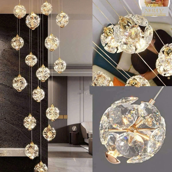 Bộ đèm chùm TH540 gồm 20 quả thả tự do tích hợp Led, mâm tròn inox gương vàng, KT(mm): D800 x H3000