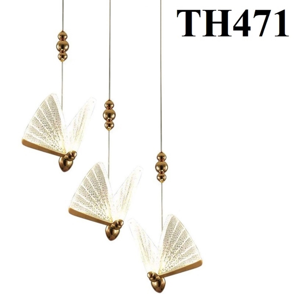 Đèn chùm thả TH471, 3 bóng cánh bướm có tích hợp led, KT(mm): D300 x H2000, mâm vàng