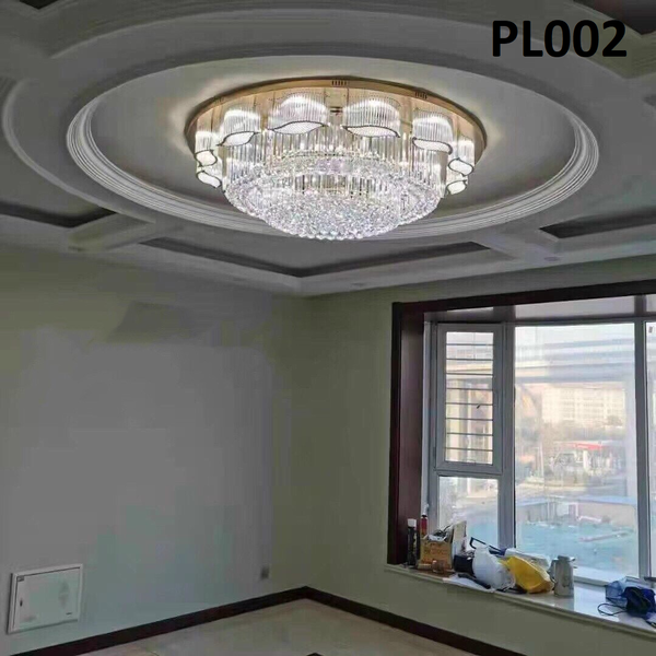 Đèn chùm pha lê thả thông tầng PL002 cao cấp dimmer 3 màu COB có điều khiển xa, mâm tròn inox gương vàng, KT(mm): D1500 x H650