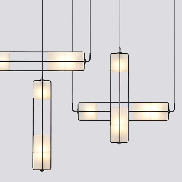 Đèn thả ngang TH525.2, chao thủy tinh vân trắng hình vuông, tích hợp led ánh sáng vàng, KT(mm): L700*W130*H130